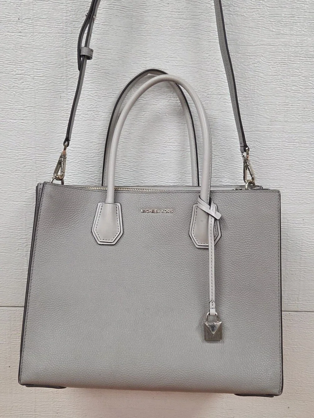 Michael Kors Light Gray Pebbled Leather Satchel with Shoulder Strap